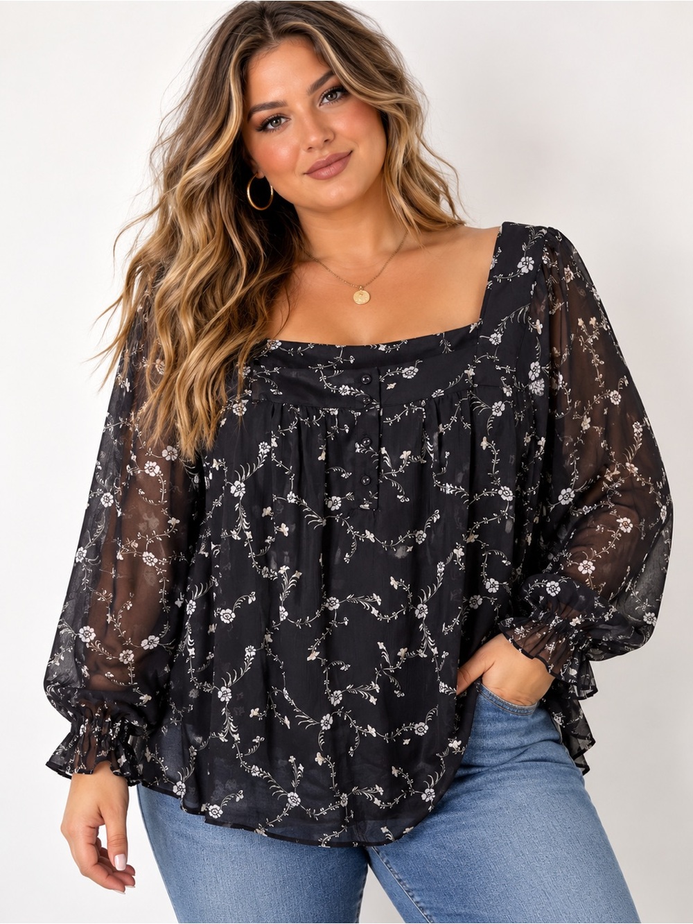 Lauren Conrad Plus Size 1X Black Floral Chiffon Babydoll Blouse Sheer Sleeve